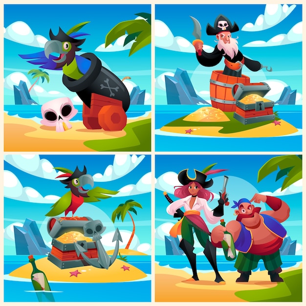 Vector ilustraciones de aventuras piratas en diseño plano.