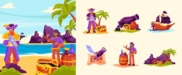 Ilustraciones de aventuras piratas en diseño plano.