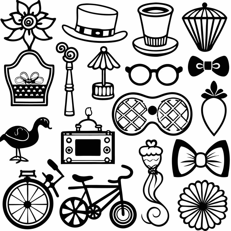 Vector ilustraciones en blanco y negro dibujadas a mano de varios objetos