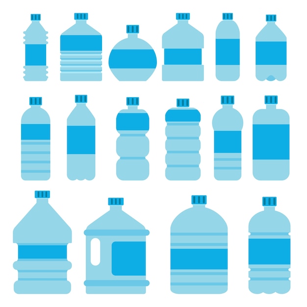 Vector ilustraciones de botellas de plástico vacías. recipiente de plástico para bebida de agua líquida y limpia, bebida mineral fresca