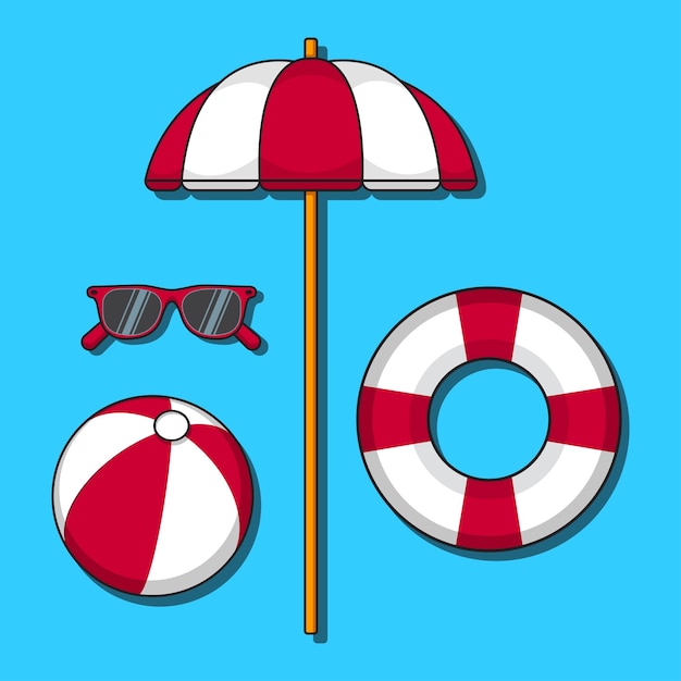 ilustraciones de una boya de vida roja y blanca sombrilla de pelota de playa y gafas de sol sobre un fondo azul