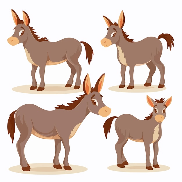 Ilustraciones de burros en diferentes poses que muestran sus suaves movimientos.