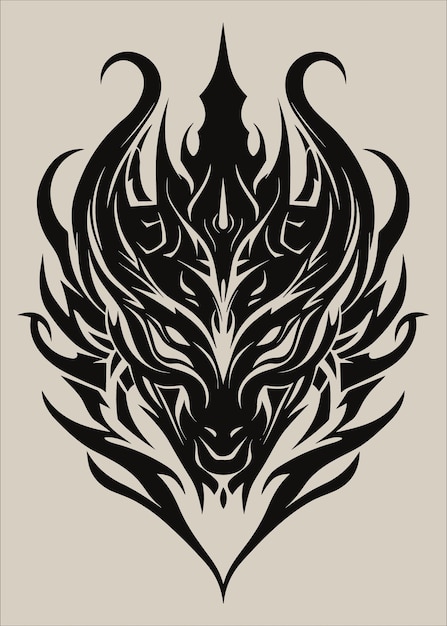 Ilustraciones de cabezas de dragones blancas y negras con cuernos afilados