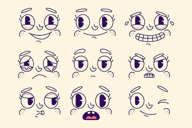 Vector ilustraciones de caras de dibujos animados retro dibujados a mano