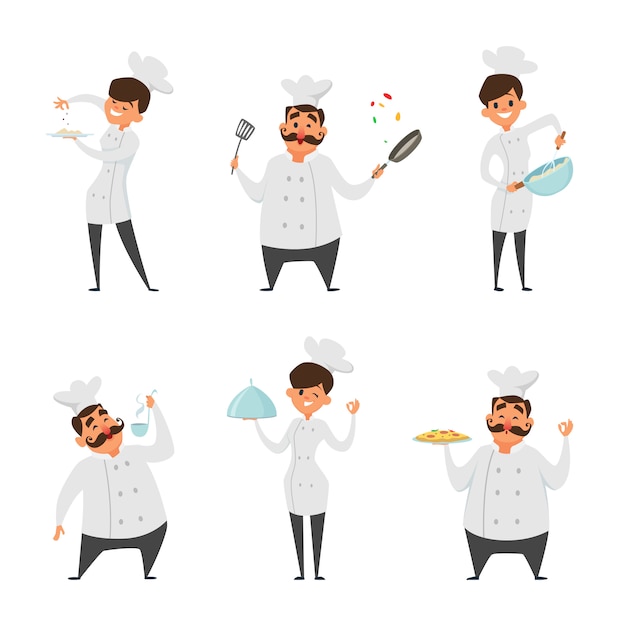 Vector ilustraciones de chef profesional masculino y femenino en poses de acción.