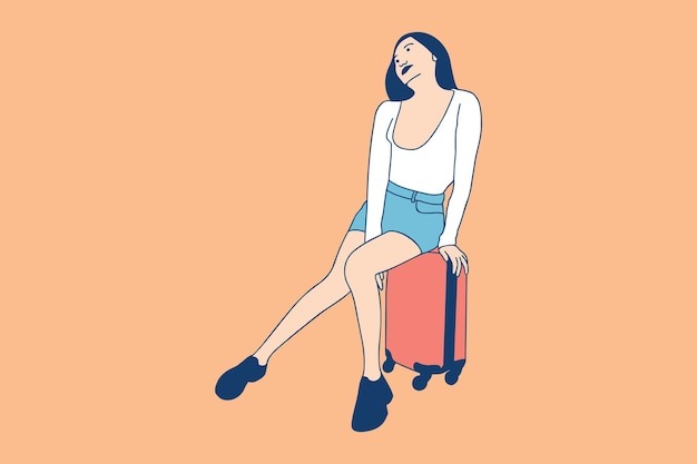 Vector ilustraciones de una chica hermosa sentada en una maleta de viaje