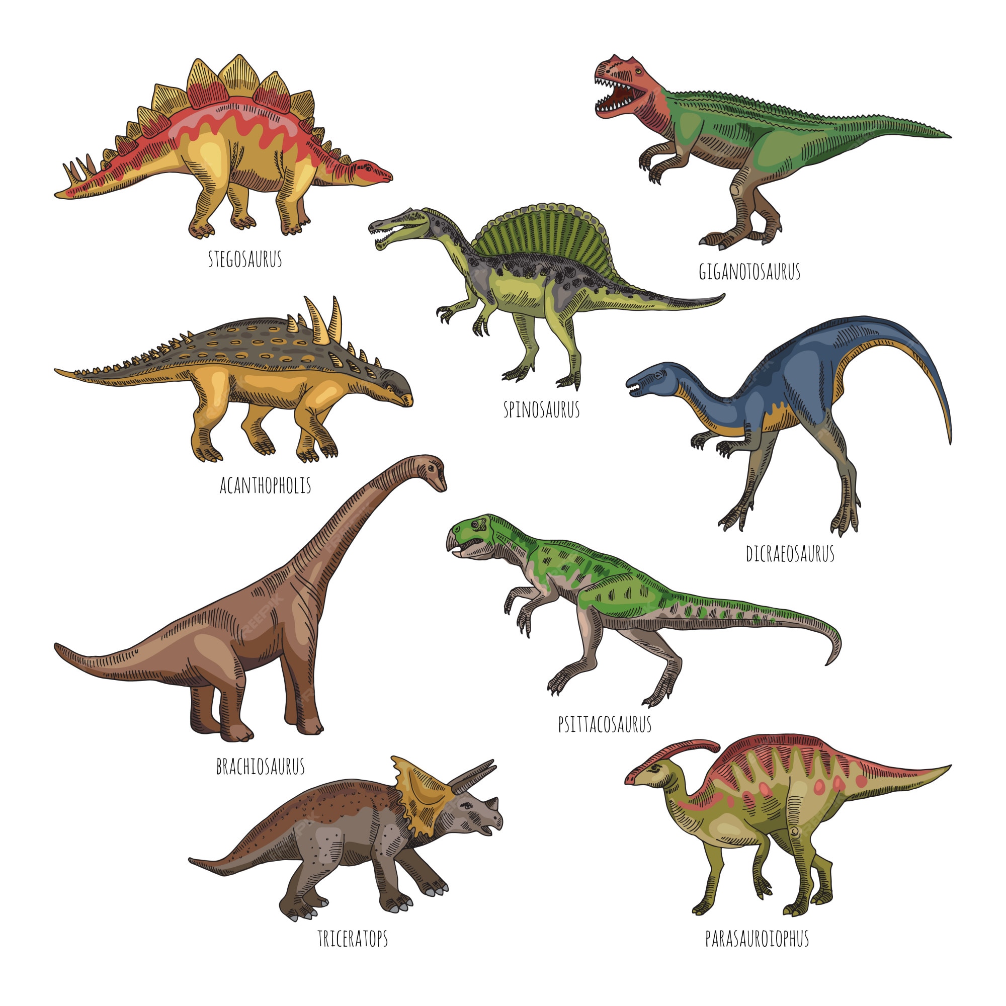 Ilustraciones a color de diferentes tipos de dinosaurios. tiranosaurio, rex  y stegosaurus | Vector Premium