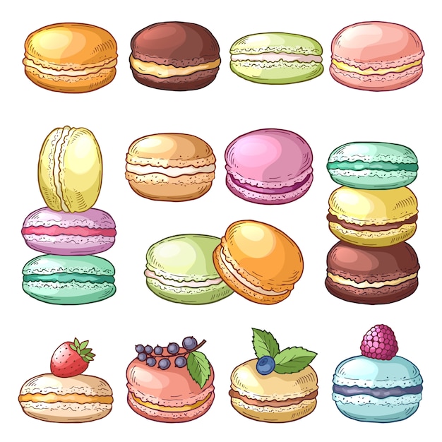 Vector ilustraciones coloreadas de deliciosos macarrones.