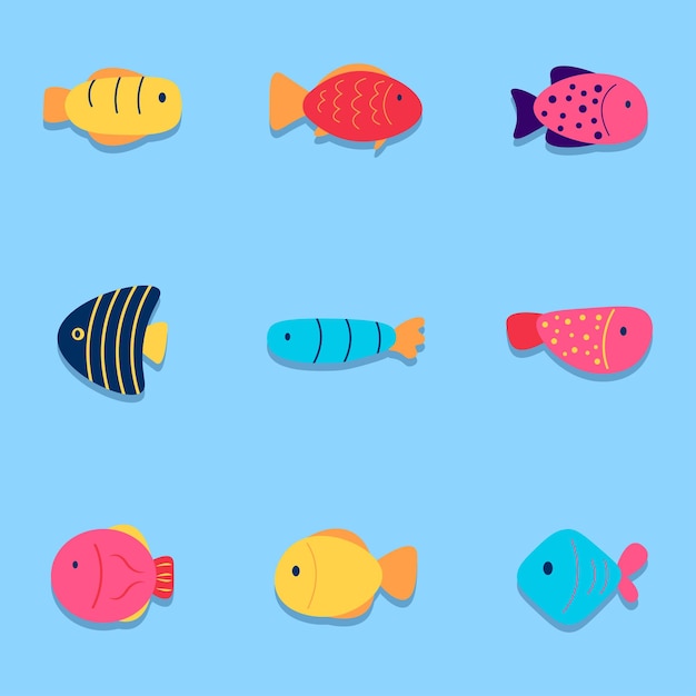 Ilustraciones coloridas de peces sobre un fondo azul claro