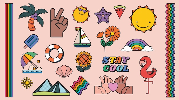 Ilustraciones coloridas con temas de verano con arco iris, palma solar y flamenco Incluye un velero y una sandía como signo de paz Diseño vibrante y lúdico Ilustraciones vintage conjunto vectorial aislado