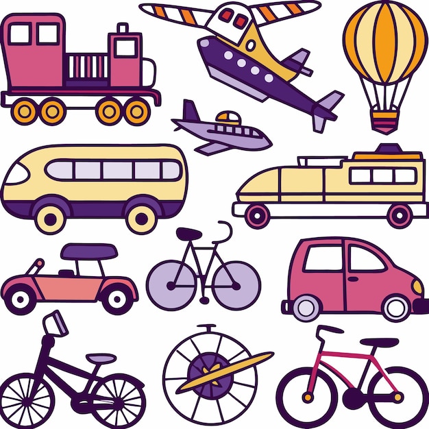 Ilustraciones coloridas de varios modos de transporte, incluido un tren, un avión, un globo de aire caliente, un autobús, un automóvil y bicicletas.