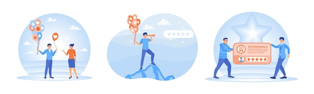 Ilustraciones comerciales que muestran la satisfacción del cliente y testimonios utilizando estrellas y globos
