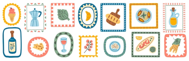 Ilustraciones de comida y bebida italianas dibujadas a mano dentro de marcos decorativos lúdicos perfectos para impresiones culinarias, envases de decoración de restaurantes y diseño de menús