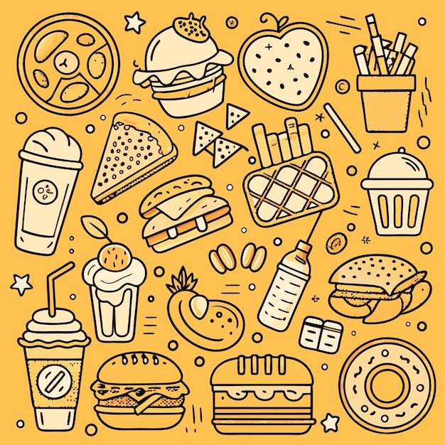 Ilustraciones de comida dibujadas a mano rosquillas fritas hamburguesas bebidas sándwiches y más