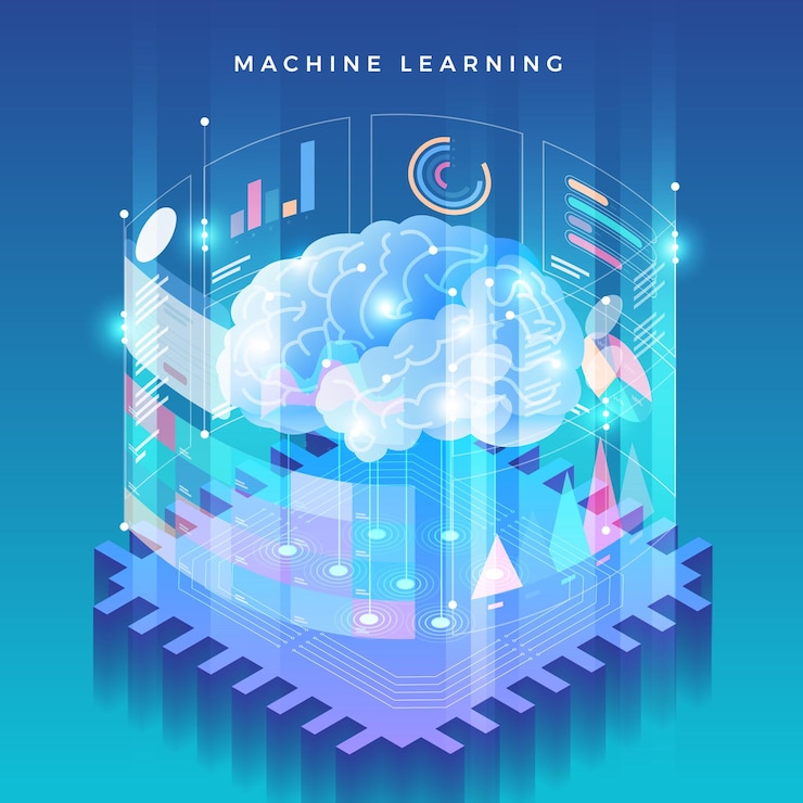 Vector ilustraciones del concepto de aprendizaje automático a través de inteligencia artificial con datos y conocimientos de análisis de tecnología.