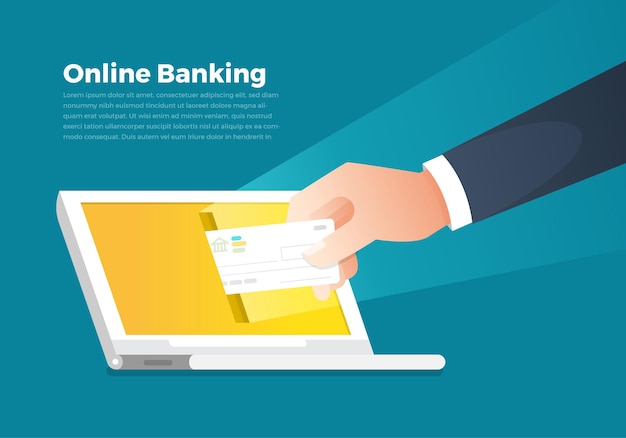 Ilustraciones concepto de banca en línea y dinero. asimiento de la mano dinero a la pantalla del ordenador portátil