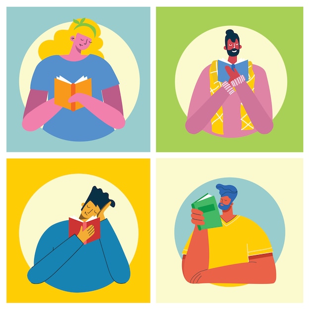 Ilustraciones del concepto de vector del Día Mundial del Libro, Lectura de los libros y Festival del libro en el estilo plano. La gente se sienta, se para y camina y lee un libro en el estilo plano