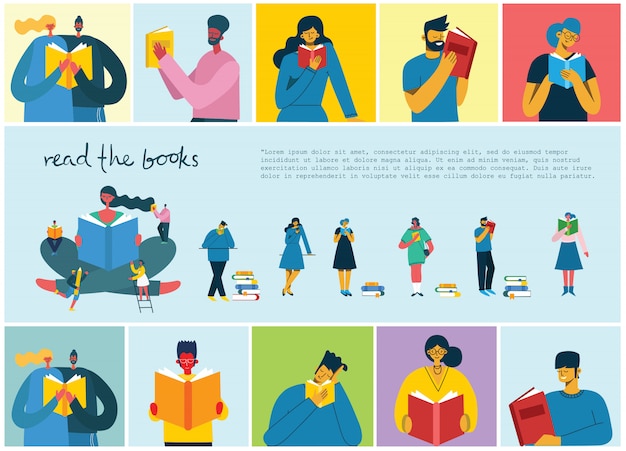 Ilustraciones del concepto de vector del día mundial del libro, lectura de los libros y festival del libro en el estilo plano.