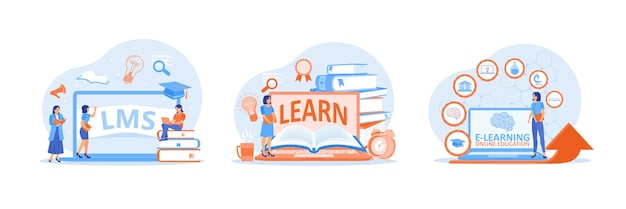 Ilustraciones de conceptos educativos que destacan las plataformas de aprendizaje y aprendizaje electrónico de LMS
