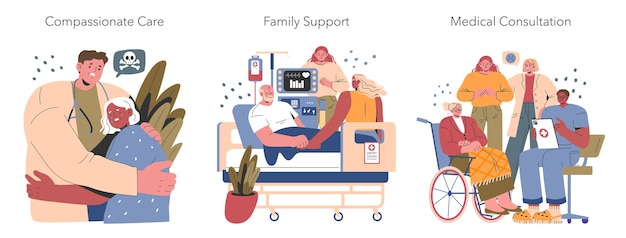 Las ilustraciones del conjunto de conceptos de eutanasia representan escenarios compasivos de fin de vida, incluida la familia de cuidados