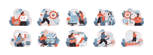 Las ilustraciones del conjunto de éxitos corporativos representan a los profesionales en el establecimiento de objetivos, logros y seguridad.