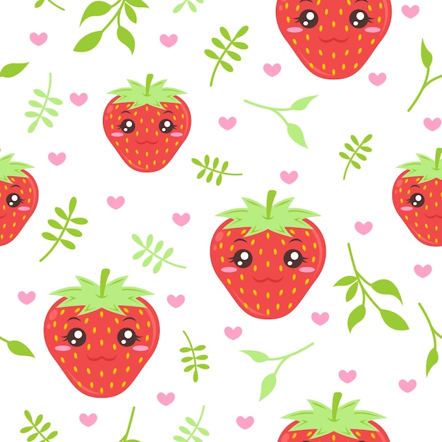 Ilustraciones de cute strawberry with leaves pattern