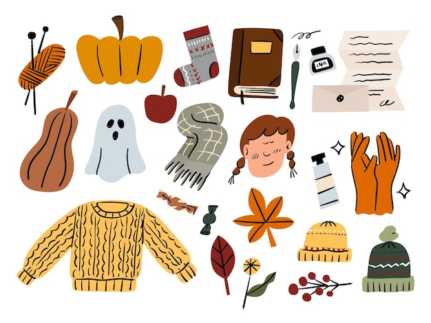 Ilustraciones dibujadas a mano de los cómodos artículos de confort de otoño