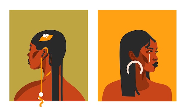 Ilustraciones dibujadas a mano con negro tribal étnico bohemio, hermosa colección de mujeres afroamericanas