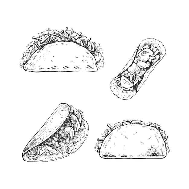 Ilustraciones dibujadas a mano de tacos mexicanos tradicionales en vista superior y frontal o en perspectiva