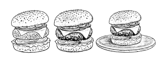 Ilustraciones dibujadas a mano por vectores de una hamburguesa