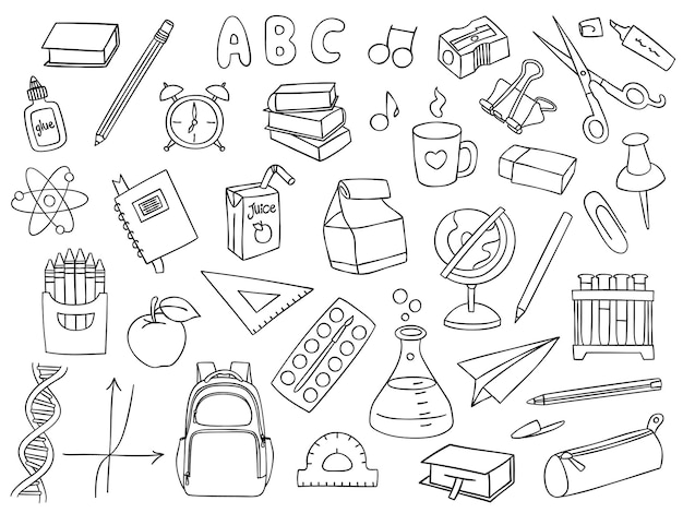 Ilustraciones dibujadas a mano por vectores de objetos y artículos relacionados con la escuela, con el tema de regreso a la escuela.