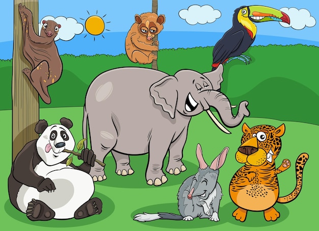 Ilustraciones de dibujos animados de divertidos animales salvajes grupo de personajes cómicos