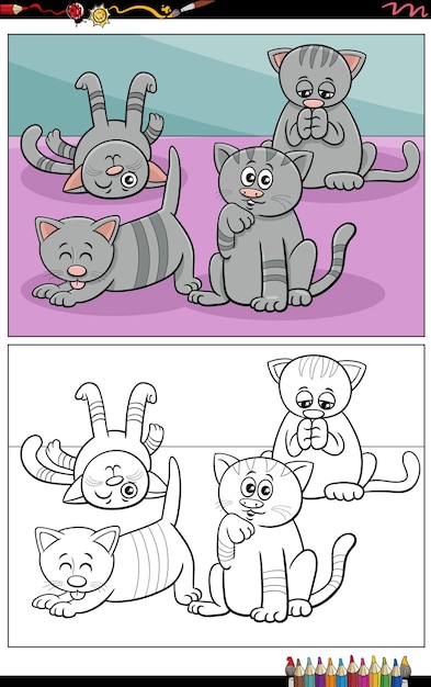 Ilustraciones de dibujos animados de divertidos gatitos atigrados grupo de personajes de animales página para colorear