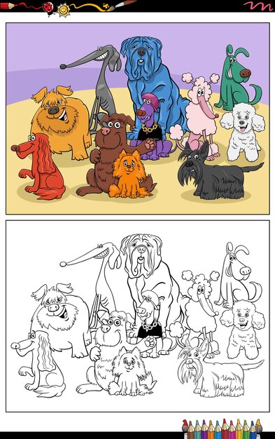 Ilustraciones de dibujos animados de divertidos perros coloridos y cachorros, grupo de personajes de animales para colorear página