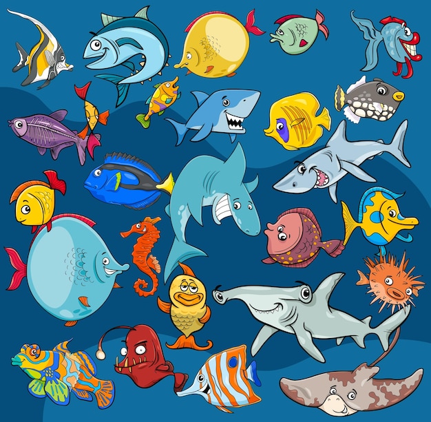 Ilustraciones de dibujos animados de fondo de personajes de animales de vida marina de peces