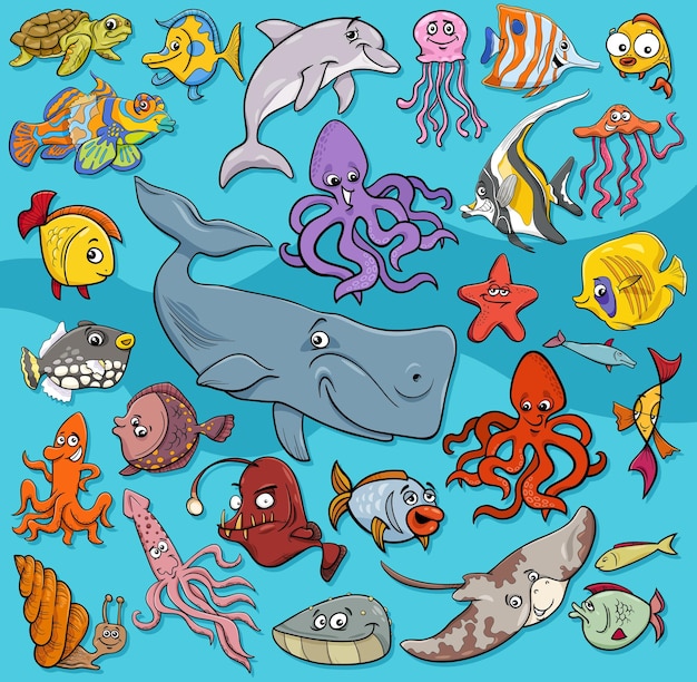 Ilustraciones de dibujos animados del grupo de personajes de peces y animales marinos.