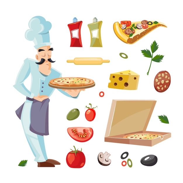 Vector ilustraciones de dibujos animados con ingredientes de pizza