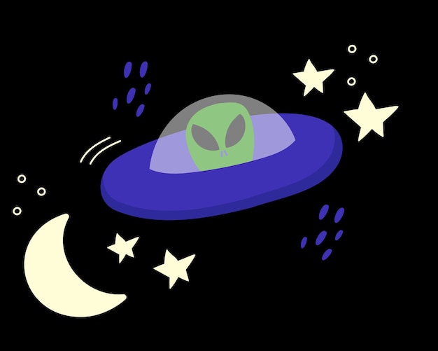 Ilustraciones de dibujos animados de ovnis. Alien en un platillo volador