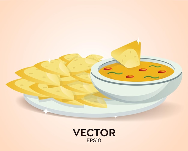 Ilustraciones de diferentes íconos de la comida mexicana, Nachos en un plato con queso