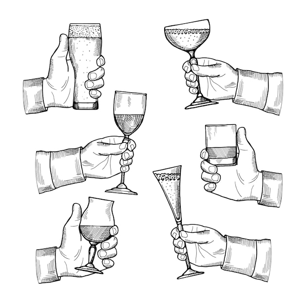 Ilustraciones de diferentes vasos de alcohol en las manos.