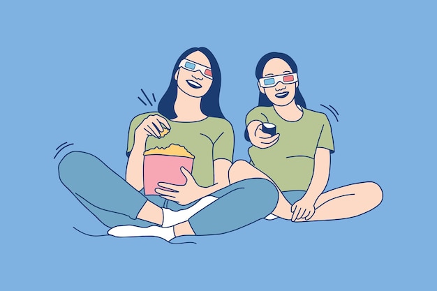 Ilustraciones dos hermosa mujer joven viendo una película en casa con gafas tridimensionales