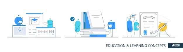 Ilustraciones de educación virtual configuradas en estilo de línea delgada Biblioteca de estudiantes conceptos de diseño de vectores lineales abstractos Íconos planos de diplomas en línea Equipo de personas geométricas pequeñas