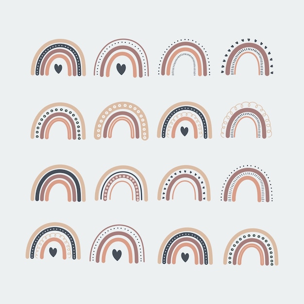 Ilustraciones estilizadas del arco iris dibujadas a mano con detalles decorativos y colores neutrales