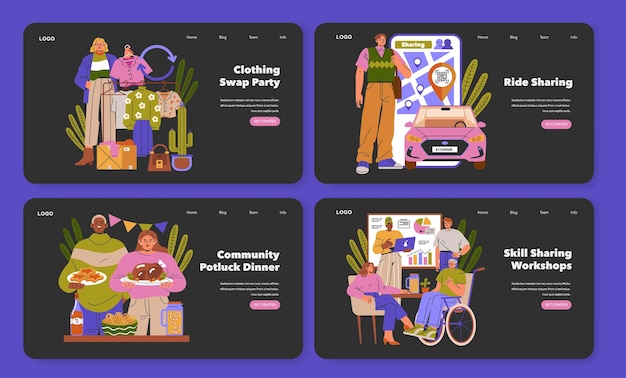 Ilustraciones de eventos comunitarios como el intercambio de ropa, el paseo por la fiesta, el compartir la cena y el almuerzo.