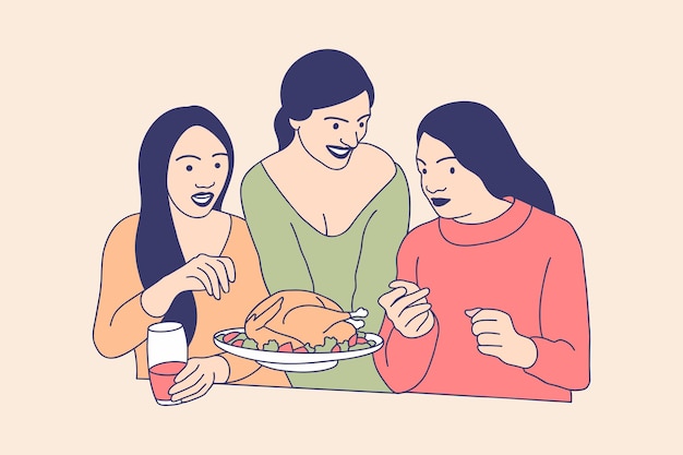 Vector ilustraciones de la familia feliz eat turkey para el concepto de diseño del día de acción de gracias