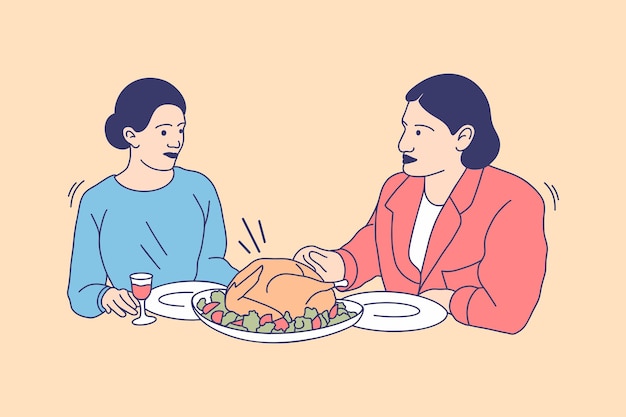 Ilustraciones de la familia feliz eat turkey para el concepto de diseño del día de acción de gracias