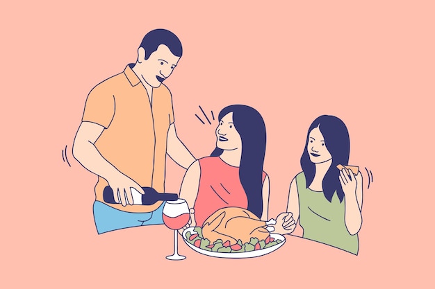 Vector ilustraciones de la familia feliz eat turkey para el concepto de diseño del día de acción de gracias