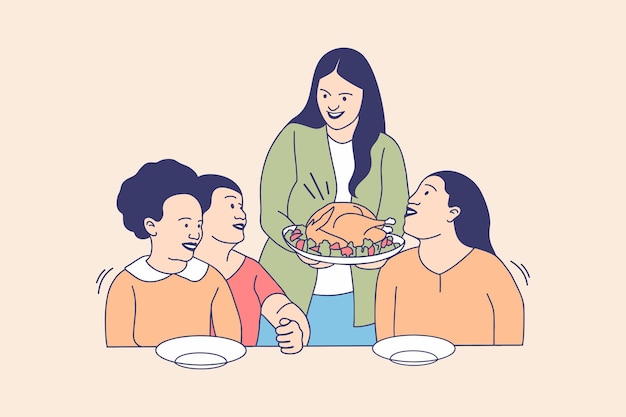 Vector ilustraciones de la familia feliz eat turkey para el concepto de diseño del día de acción de gracias