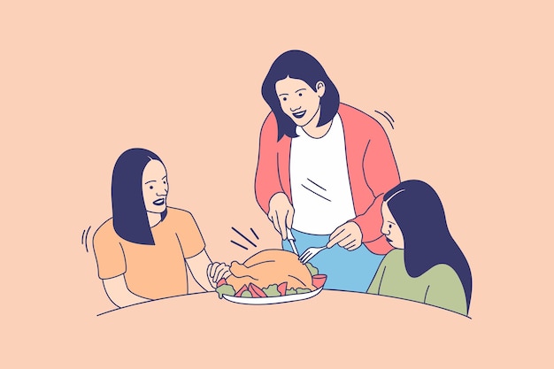 Ilustraciones de la familia feliz eat turkey para el concepto de diseño del día de acción de gracias