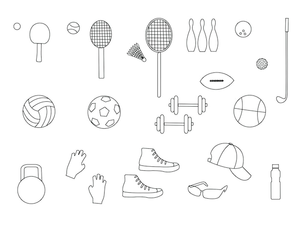 Ilustraciones de fideos vectoriales de objetos y símbolos de equipos deportivos y de fitness